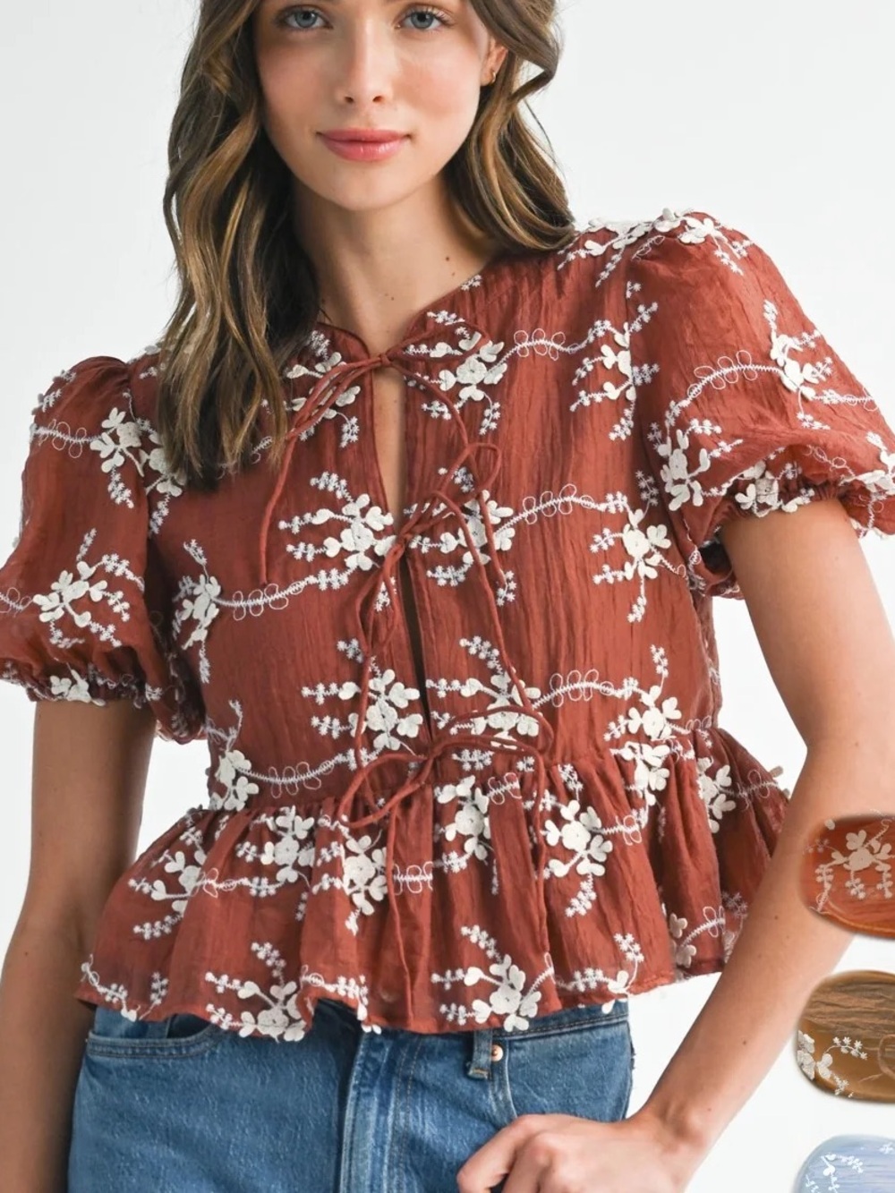 Blu Pepper NWT cottage core embroidered tie top Large